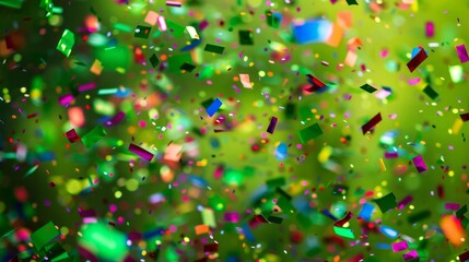 An explosion of colorful confetti against a vibrant green background, giving off a joyous party vibe.