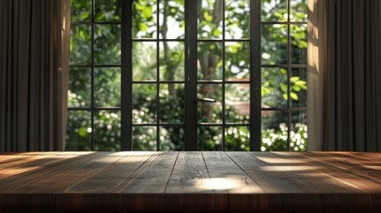 Elegant wooden table in a room with natural light and a view of the lush garden through the window.