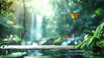 A forest scene with butterflies and a waterfall with clear space for a product showcase