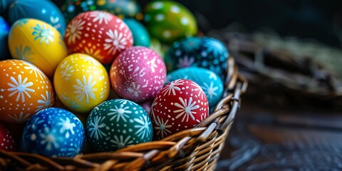 Fototapeta premium Vivid Easter eggs in a close-up basket shot.