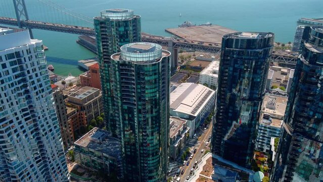 Downtown San Francisco and the apartment buildings and towers near the Oakland Bay Bridge - aerial