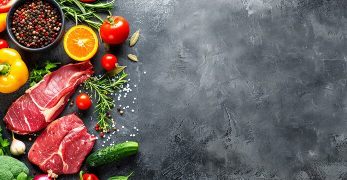 Assorted fresh vegetables and meats displayed on dark background, ready for gourmet cooking. © tashechka