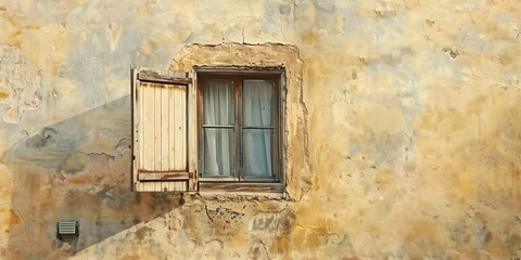 Close-up shot of the texture of a historic European Mediterranean town's exterior window.