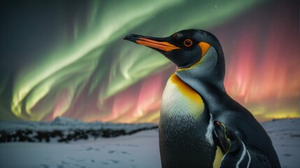 A penguin stands in front of a green aurora light. Generative AI.