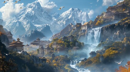 Capturing the spellbinding allure of streams descending from towering peaks, embracing charming villages, as graceful birds adorn the scene with their aerial ballet. - obrazy, fototapety, plakaty