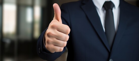 A man in a professional suit is standing in an office setting, confidently giving a thumbs up gesture to indicate a positive answer or approval.
