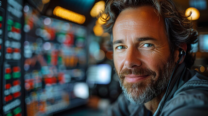 Obraz premium Triumphant stock trader, joy in success, amidst the glow of market prices and expansive windows.