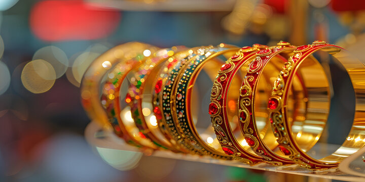 A display of bangles with different colors and designs.
