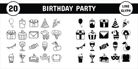 Birthday Party Line Glyph Vector Illustration Icon Sticker Set Design Materials