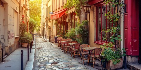 Fototapeta na wymiar Charming Parisian street lined with quaint cafes and outdoor seating.