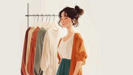 A cheerful and elegant woman selects sweaters from a rack, depicted in an illustration.