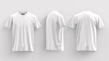 White crewneck t-shirt set with front, back, and side views on a white isolated background. Mockup for graphic design. 3D illustration.