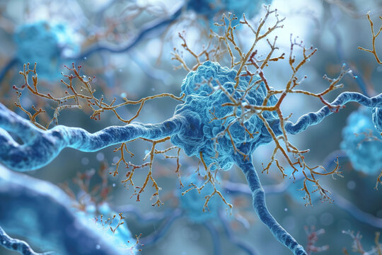 Neurons with dendrites affected by amyloid plaques in Alzheimer's disease. 