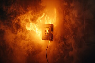 Electrical outlet and cord engulfed in flames and haze. - obrazy, fototapety, plakaty