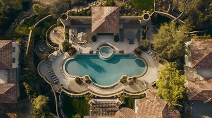 Architectural masterpiece showcased in a bird's-eye view of an expansive pool surrounded by intricate stonework and lavish greenery