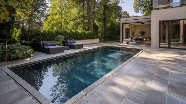 Architectural perfection captured in an image of a contemporary pool, seamlessly integrated into the luxurious outdoor environment