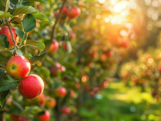 ripe red apples on the branch on a tree in orchard, harvest concept image, bright daylight, copy space