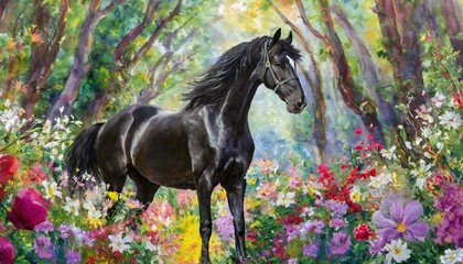 Black horse standing in a row of trees surrounded by bright flowers, watercolor painting style