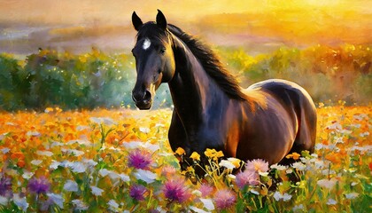 Bay mare in a meadow at golden hour