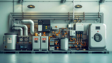 Interior of a modern boiler room with equipment for heating and cooling - obrazy, fototapety, plakaty