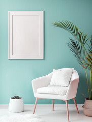 Modern room interior with white photo frame mockup on blue / green wall and white furniture