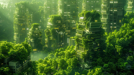 Miniature city with green grass and bokeh background, ecology concept