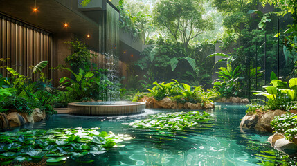 Beautiful tropical garden with pond and fountain in hotel - obrazy, fototapety, plakaty