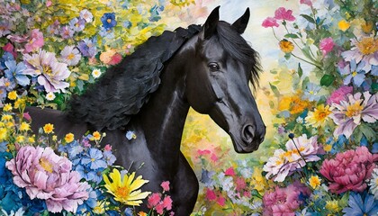 Black friesian horse framed in flowers