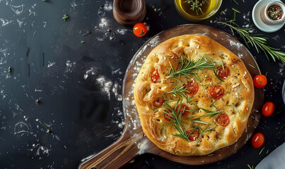 Fresh round focaccia bread with rosemary and tomato on a wooden background seen from above, food photo - obrazy, fototapety, plakaty