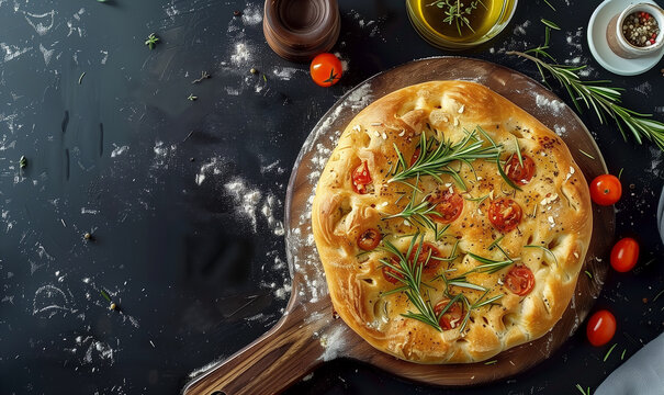 Fresh round focaccia bread with rosemary and tomato on a wooden background seen from above, food photo