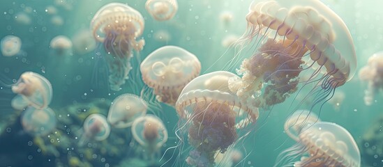 A group of jellyfish gracefully gliding through algae infested warm seas, viewed from above on a lazy summer day. The translucent creatures move rhythmically with the gentle ocean currents.