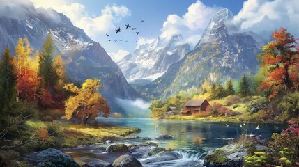 Behold the breathtaking beauty of mountain streams carving through landscapes, embracing quaint villages, with the added grace of colorful birds soaring in the expansive sky. - obrazy, fototapety, plakaty