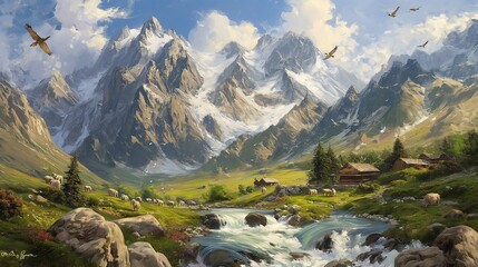 Behold the breathtaking beauty of mountain streams carving through landscapes, embracing quaint villages, with the added grace of colorful birds soaring in the expansive sky.