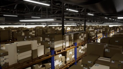 Industrial depot housing multiple containers labeled with invoice bills, containing tracking numbers and shipment details. Warehouse doing supply chain work for retail sector. 3d render animation.