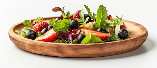 A wooden bowl overflowing with a colorful mix of fresh fruits and vibrant greens, creating a visually appealing and healthy composition.
