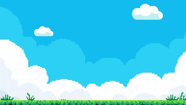 Pixel cloud background of retro video game background. 8 bit pixel game nature landscape scene with green grass with moving clouds and blue sky. Pixelated template for computer game or application.