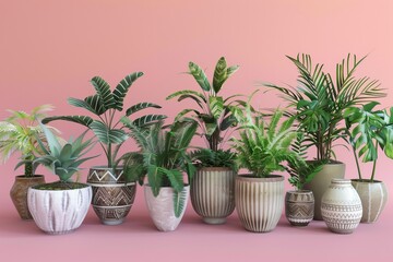 Array of beautiful plants housed in decorative ceramic pots, set on a pink background, Generative AI