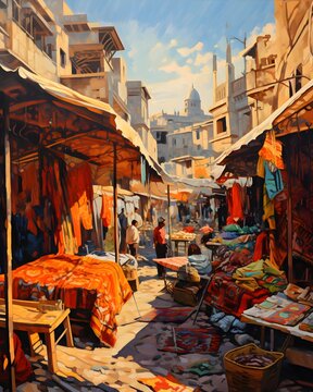 Oil painting on canvas of a street in the old city of Cairo, Egypt