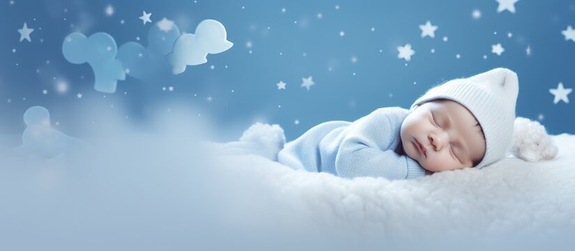 A days-old baby peacefully sleeps on a cloud in the sky, surrounded by fluffy white clouds. The tiny infant is nestled on a light blanket under the open sky.