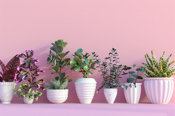 Array of colorful foliage in elegant ceramic pots, on a delightful pink background, Generative AI