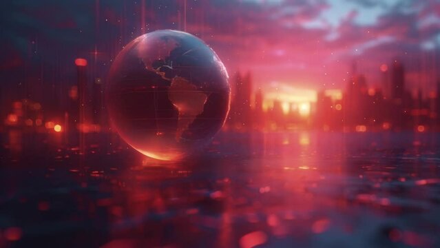 A holographic globe spins in front of a futuristic skyline with lines of light representing the yearly revenue comparison of a companys global branches. The graph symbolizes