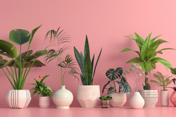 Obraz premium Assortment of lovely plants displayed in ceramic pots, against a tranquil pink background, Generative AI