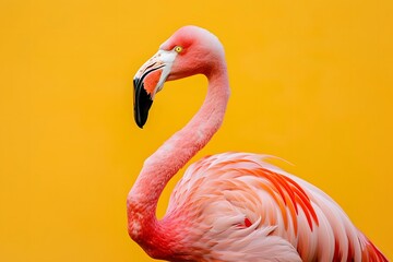A pink flamingo stands against a yellow background