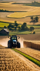 Tractor plowing golden fields at sunset, with rolling hills and farm in the background, depicting rural agricultural scene. - obrazy, fototapety, plakaty