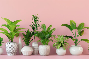 Assortment of vibrant greenery in decorative ceramic pots, on a charming pink background, Generative AI