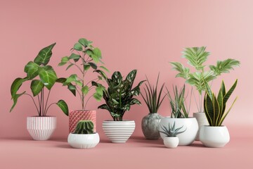 Fototapeta premium Collection of exquisite plants in decorative ceramic pots, against a captivating pink background, Generative AI