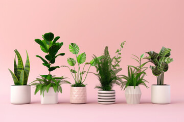 Collection of lush green plants in ceramic pots, on isolated pink background, Generative AI