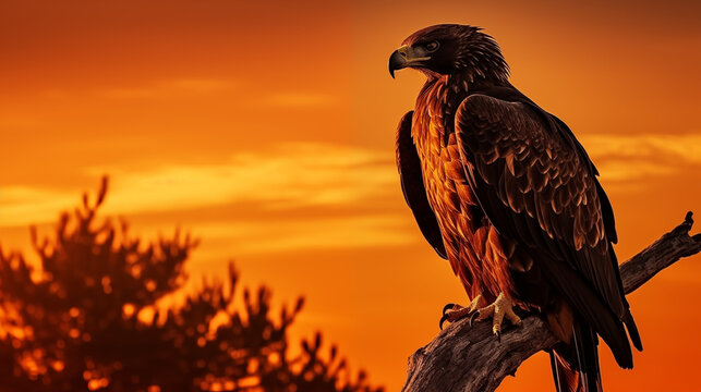 Eagle sunset background dusk. Bird of prey in close-up on a wooden branch at twilight in the rays of the setting sun..