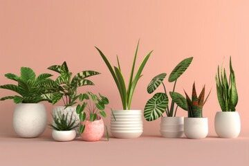 Selection of lovely plants arranged in ceramic pots, on a soft pink background, Generative AI
