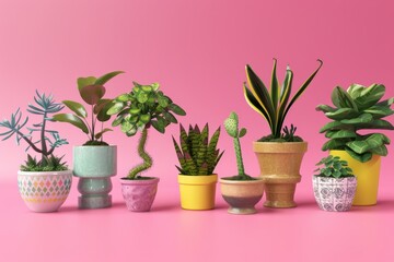 Variety of colorful plants displayed in ceramic pots, against an inviting pink background, Generative AI
